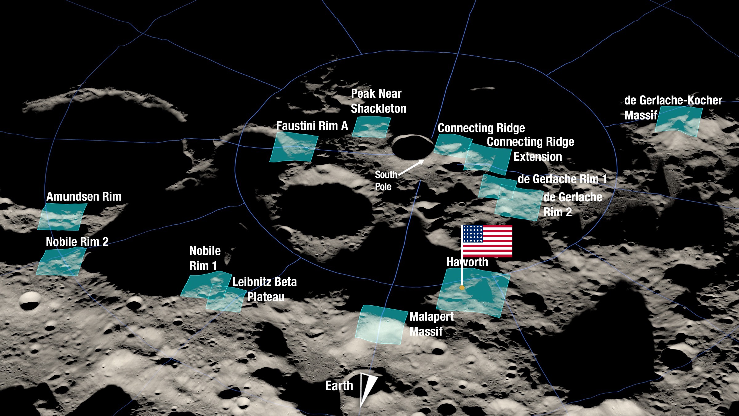 NASA map of Artemis candidate landing regions with Haworth site marked