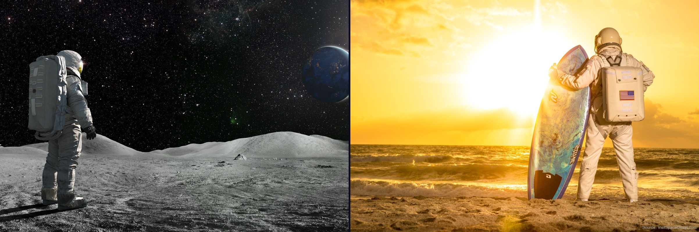 Moon vs. Home — astronaut on the Moon and astronaut on a Florida beach